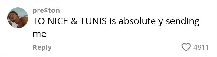 Comment from pre$ton expressing surprise about confusing Nice and Tunis, reflecting confused tourists boarding a flight to Africa instead of France.