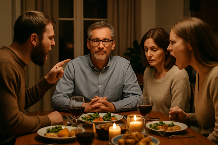 Stepdad sitting calmly at dinner while stepkids express anger and indifference expecting inheritance during family conflict.
