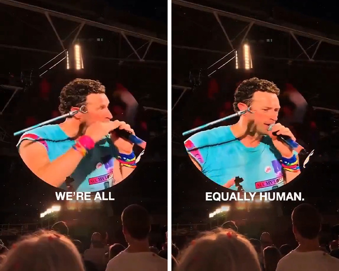 Coldplay&rsquo;s Chris Martin speaking on stage at concert, facing crowd while delivering a political speech moment.