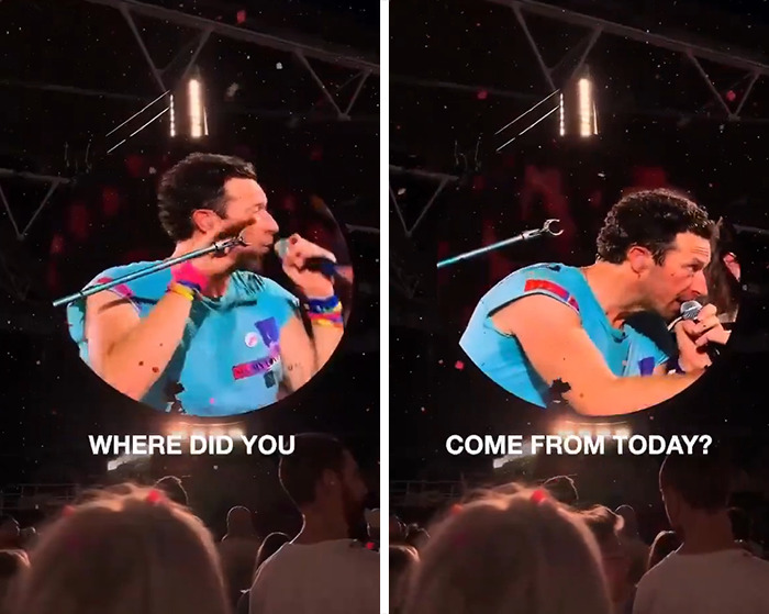 Chris Martin performing on stage, facing fans during a viral concert moment marked by a political speech.