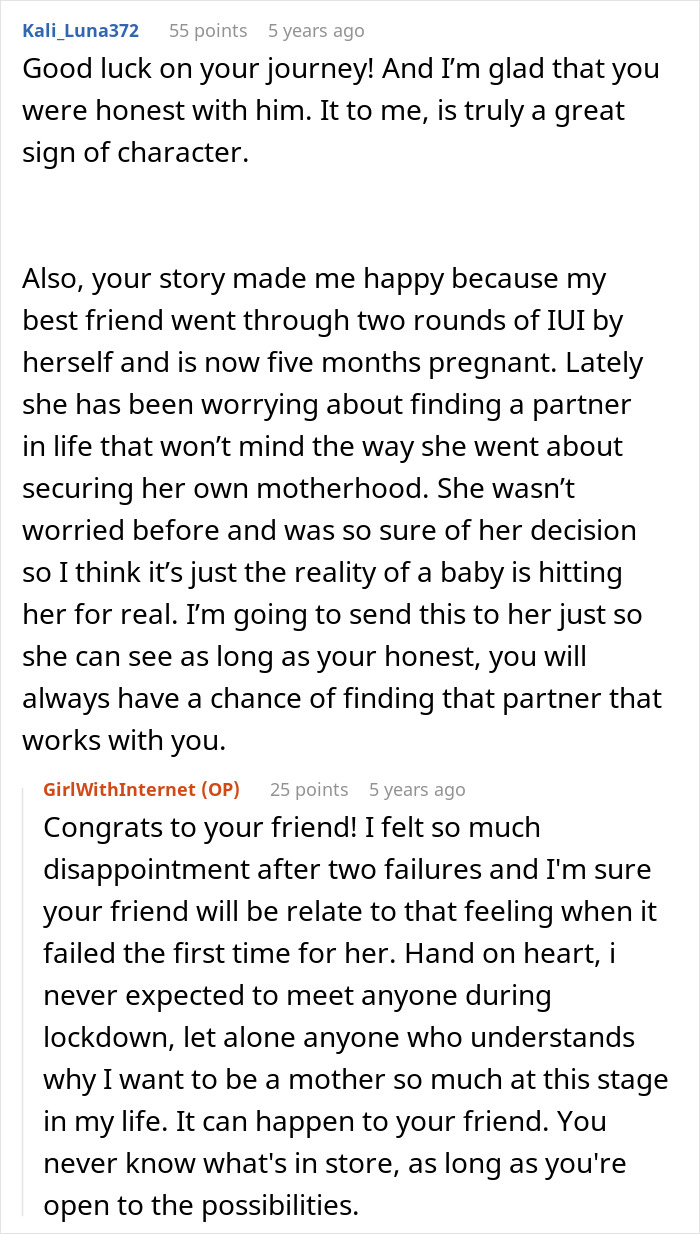 Reddit user discusses honesty and fears about hiding artificial insemination plans while wanting to be a mother.