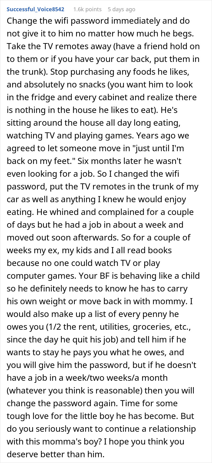 Text advice on handling a lazy boyfriend behaving like a child and needing to go back to mommy to be babied.