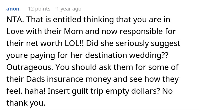 Screenshot of an online comment discussing entitlement and inheritance disputes involving stepkids and stepdad.