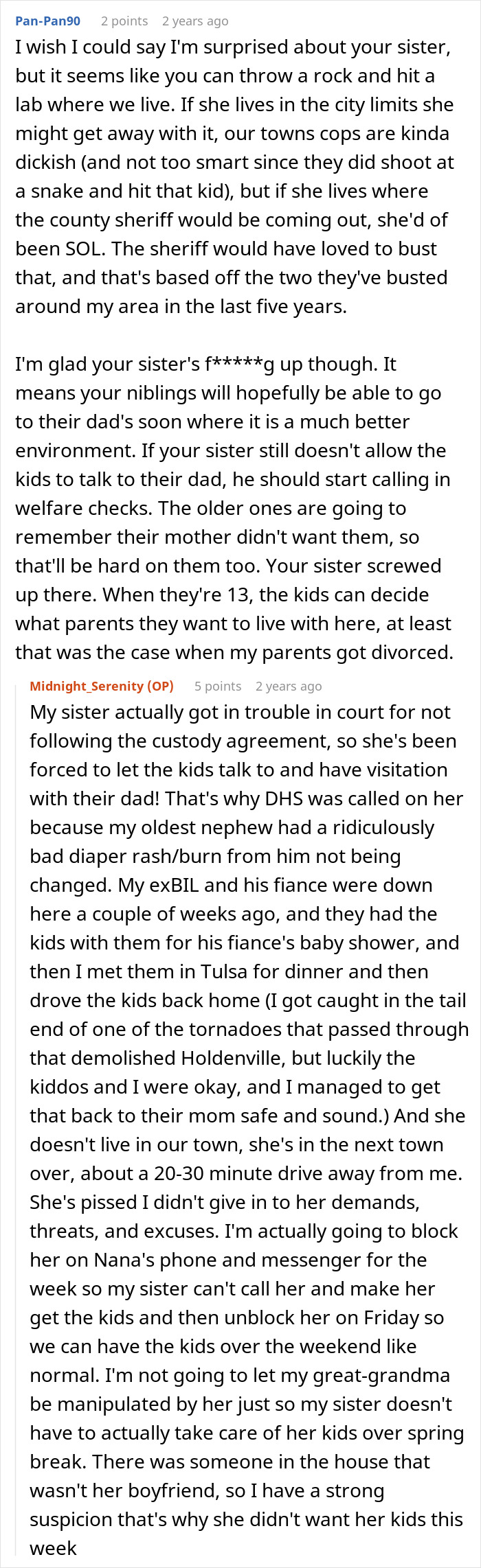 Text conversation about sister threatening to call cops after woman brings kids home, discussing custody and child welfare issues.