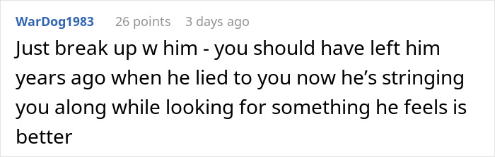 Comment text about breaking up after a long relationship, related to man breaking up with girlfriend after cheese argument.