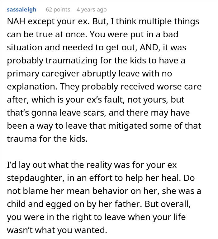 Comment discussing a woman accused of abandoning husband’s kids when escaping a toxic marriage. Comment discussing a woman accused of abandoning husband’s kids when escaping a toxic marriage.