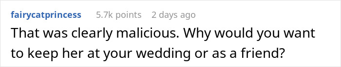 Comment discussing betrayal and loyalty issues after the bridesmaid leaks a wedding seating chart causing guest offense.