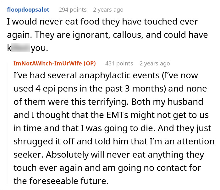 Reddit conversation about a woman describing her anaphylactic shock triggered by food her brother-in-law lied about cooking.