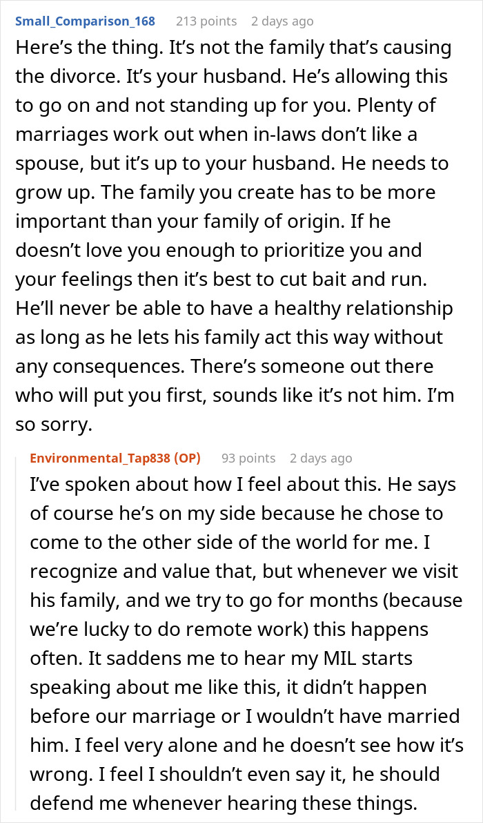 Text conversation discussing inlaws pushing boundaries causing relationship strain and potential divorce concerns.