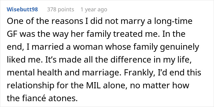 Reddit comment discussing future MIL brands bride-to-be stupid and impact on mental health in relationships.
