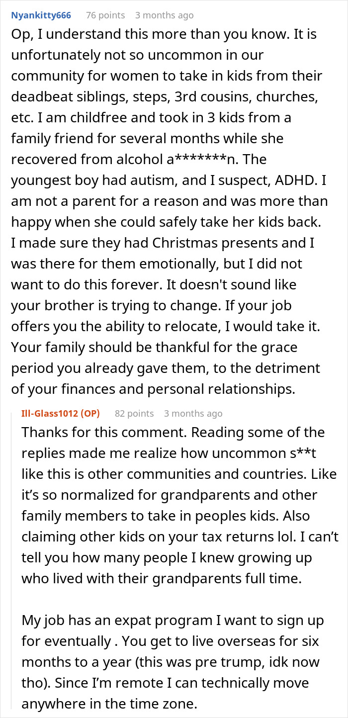 Text conversation about challenges faced by single moms abandoning toddlers while parents attempt to restart life and relocate.