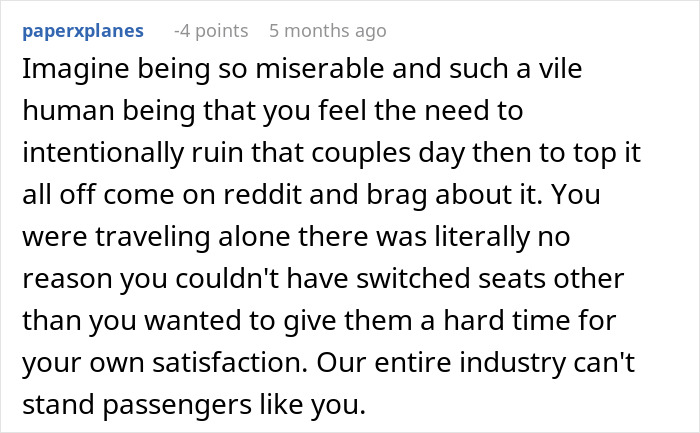 Reddit user commenting on a woman refusing to give up her plane seat and enjoying a guilt-free nap on flight.