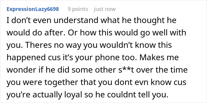 Screenshot of a Reddit comment discussing skepticism about a husband&rsquo;s loyalty test posing as pregnant wife to message ex.
