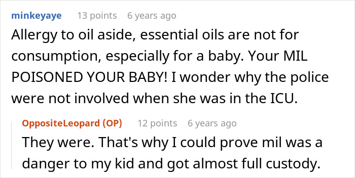 Screenshot of a forum discussion about a mother-in-law poisoning a toddler with essential oils and custody issues.