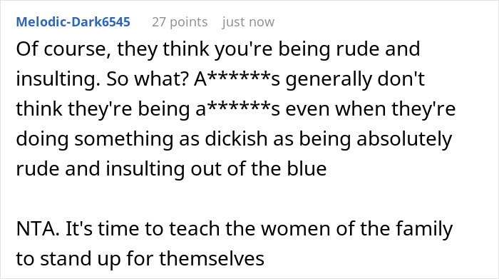 Comment discussing standing up against rude behavior and encouraging women to support each other in the family.