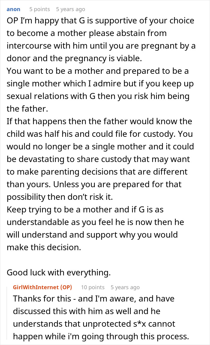 Forum conversation discussing a woman&rsquo;s plan for artificial insemination and her desire to become a mother.