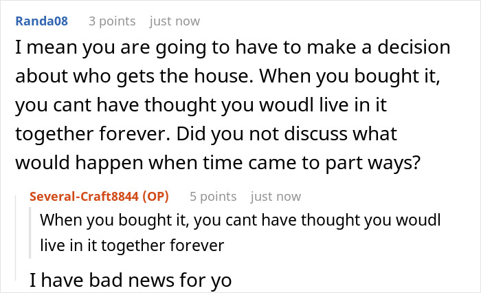 Screenshot of an online discussion about siblings having a huge fight over a house they share.