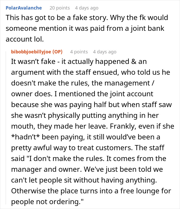 Reddit comments discussing a couple slamming caf&eacute;&rsquo;s rigid rules after wife with allergies was forced to stand outside.