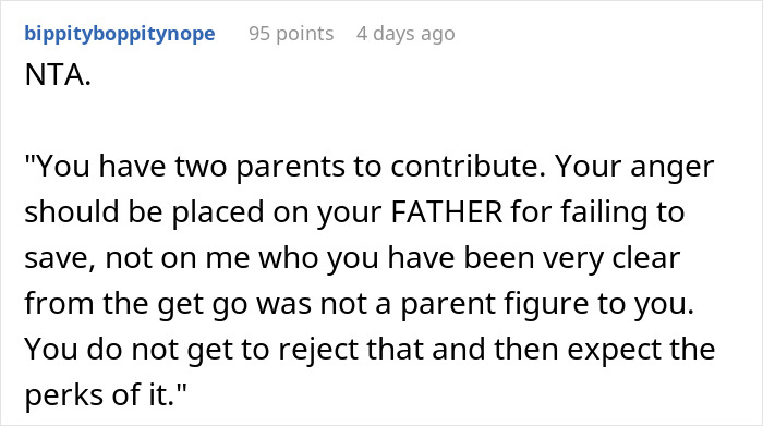 Comment discussing man denying stepson&rsquo;s pleas to contribute to college fund and family financial responsibilities.