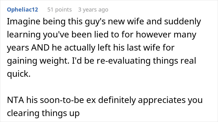 Comment discussing shallow husband lying about wife's weight gain and cheating accusations to save face, exposed online.