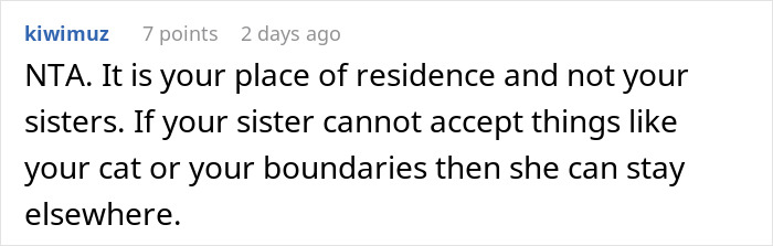 Comment about parents trying to get rid of daughter's cat, causing tension during pregnant sister's visit. Comment about parents trying to get rid of daughter's cat, causing tension during pregnant sister's visit.