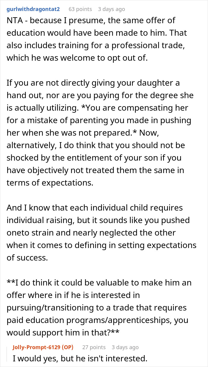 Reddit comment discussing parenting and the fairness of paying off daughter student loans versus son&rsquo;s education.