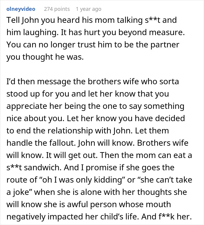 Text post discussing a future MIL branding bride-to-be stupid and her fianc&eacute; laughing it off in a heated argument.