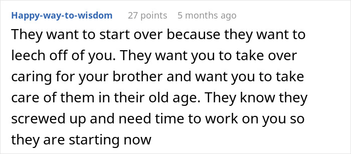 Screenshot of a Reddit comment discussing family dynamics related to taking care of siblings and hidden college acceptance letters.