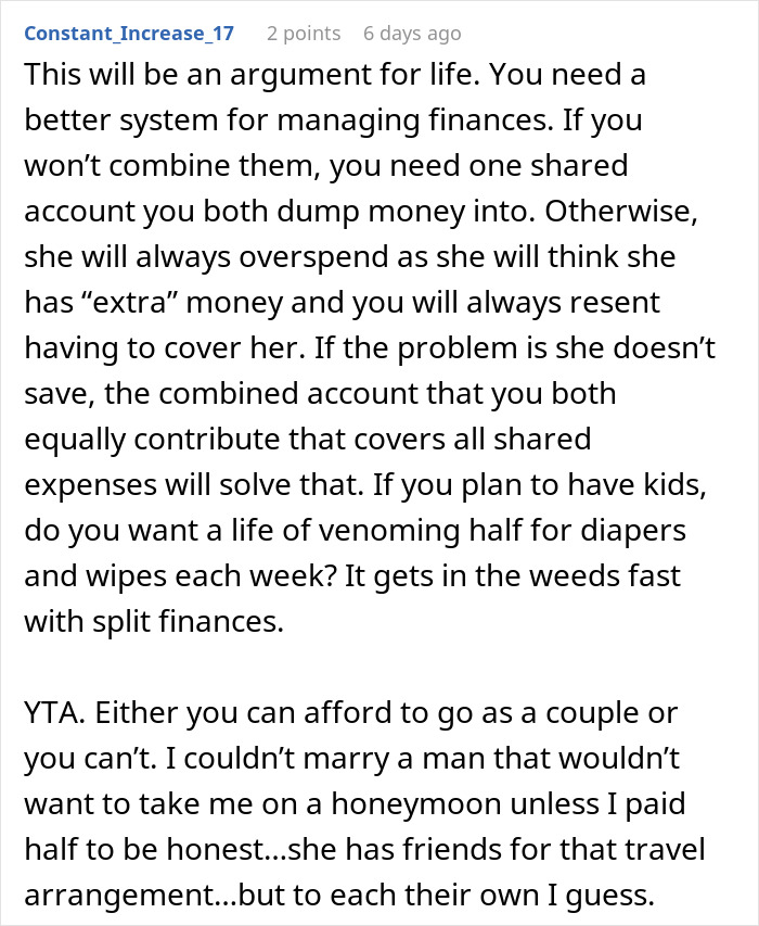 Couple discussing finances with husband refusing honeymoon due to no money and wife expecting him to pay for both tickets.