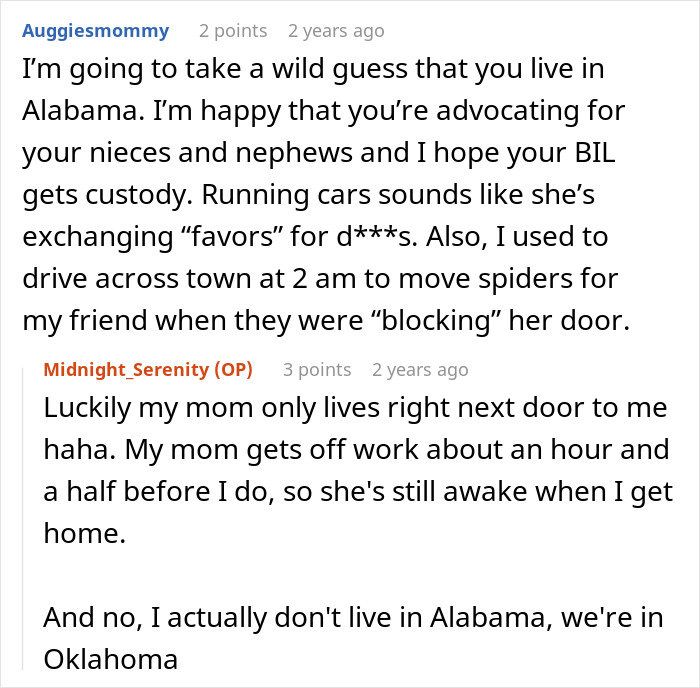 Reddit comments discussing a sister threatening to call cops after a woman brings her kids home, causing shaking and crying.