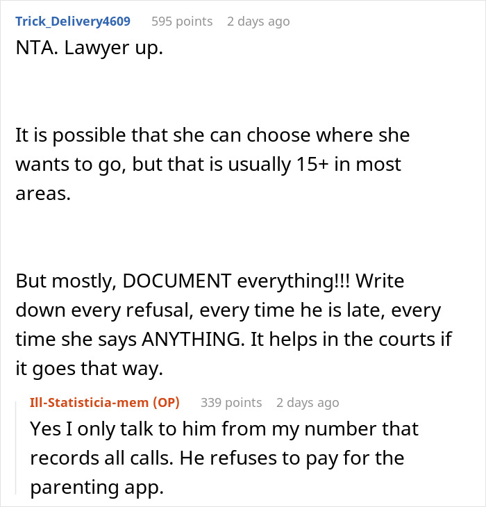 Commenters discussing child support and parental control issues, emphasizing documentation and legal advice.