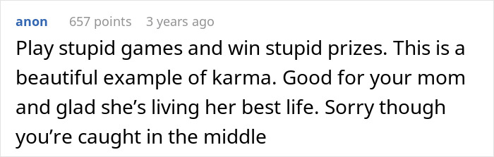 Comment on open marriage situation, highlighting karma and mixed emotions of those involved.