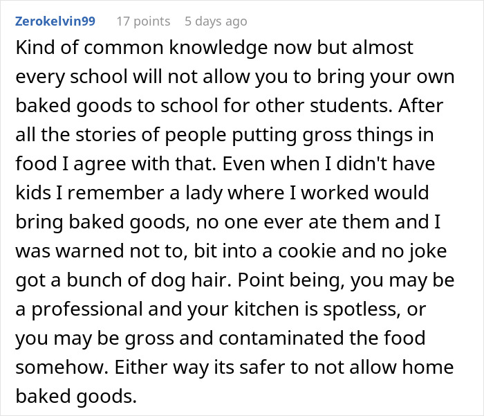 Comment discussing schools often not allowing home baked goods like cupcakes due to safety and contamination concerns. Comment discussing schools often not allowing home baked goods like cupcakes due to safety and contamination concerns.