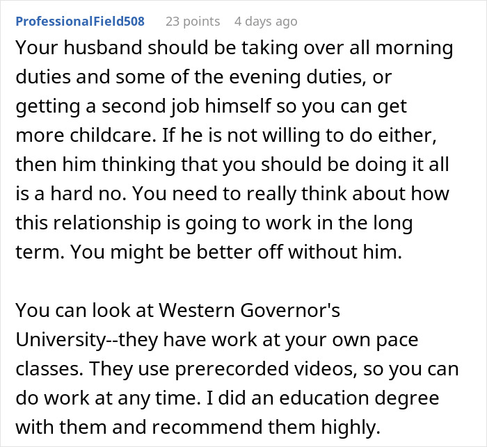 Comment discussing husband expectations for wife to work and study full time while managing two kids, advising shared duties.