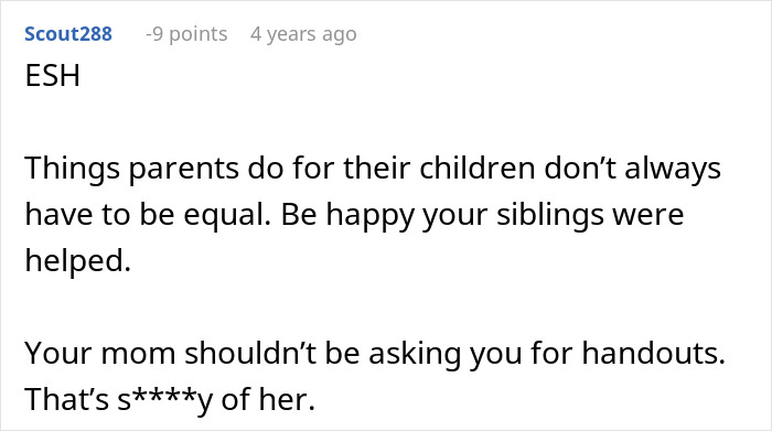 Screenshot of a Reddit comment discussing siblings who take care and refuse support from their mother.