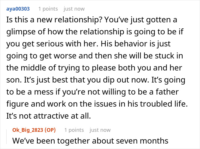 Comment thread discussing relationship challenges as a man walks out during girlfriend&rsquo;s son&rsquo;s mountain biking meltdown.