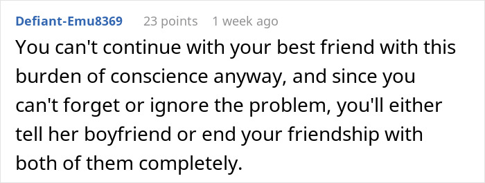 Text post about exposing a best friend&rsquo;s affair to her boyfriend and the burden of conscience involved.