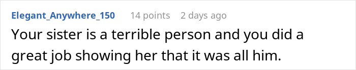 Comment accusing a sister of being terrible and praising someone for exposing sister-boyfriend relationship drama.