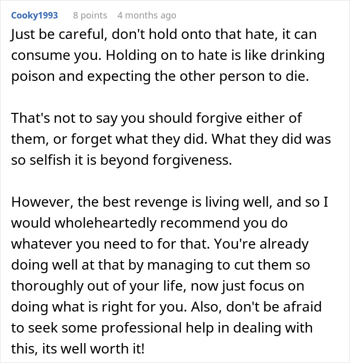 Comment on a post about heartbreak and betrayal, advising against holding onto hate and recommending focusing on self-care and professional help.