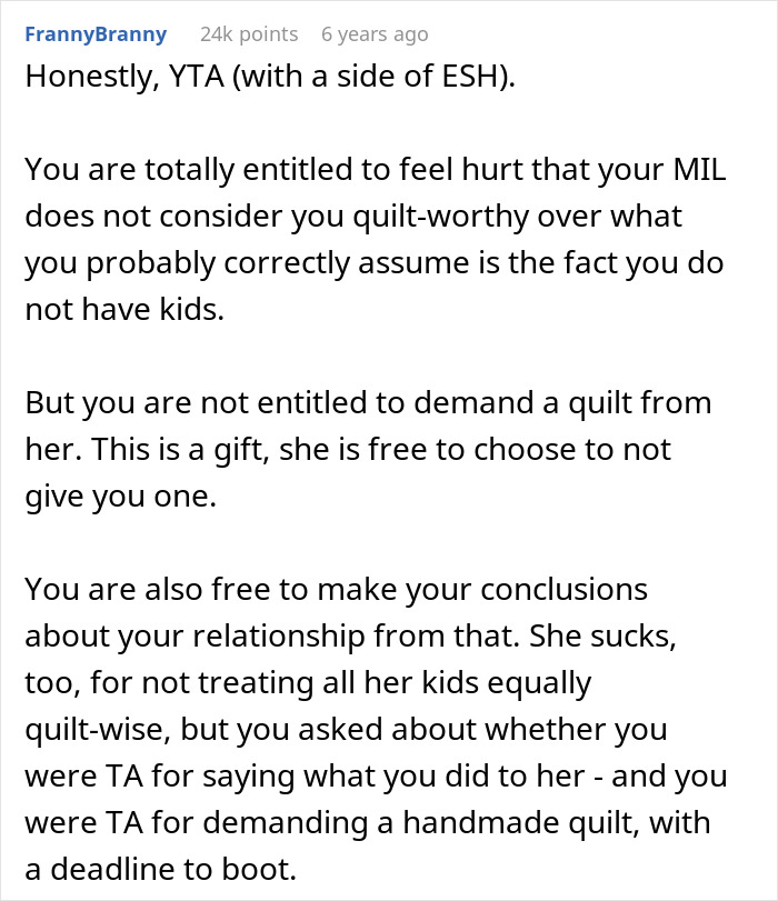 Commenter explaining a childfree woman upset her MIL refuses to make a family quilt, sparking online reality check. Commenter explaining a childfree woman upset her MIL refuses to make a family quilt, sparking online reality check.
