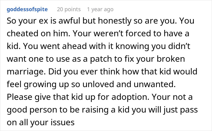 Comment discussing husband coercing wife into pregnancy as punishment for cheating and its emotional impact on the child.
