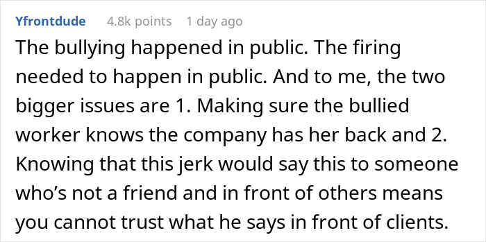 Alt text: Screenshot of an online comment discussing a public firing after a body-shaming incident by a CFO.