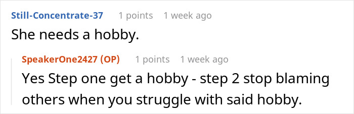 Screenshot of an online discussion where users talk about a wife-turned-mean-once-got-money needing a hobby.