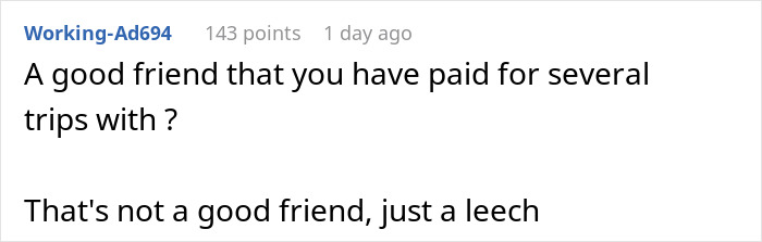 Text conversation screenshot showing a comment criticizing a supposed friend for taking advantage of trips, highlighting betrayal in friendships.