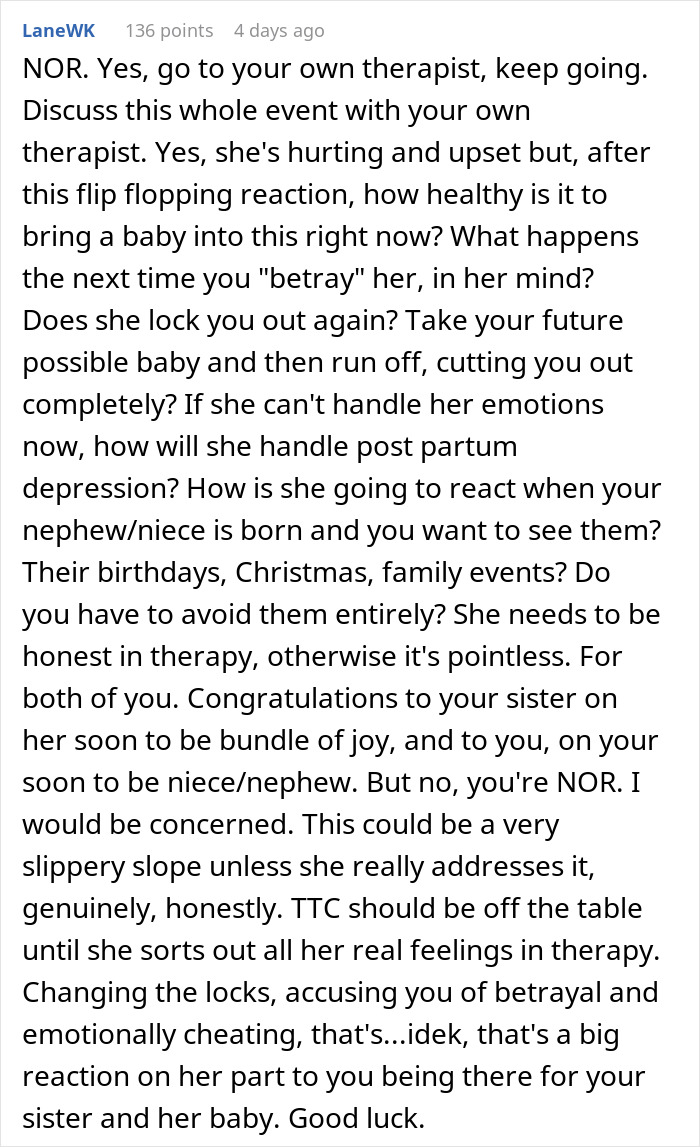 Comment discussing wife&rsquo;s reaction to husband attending sister&rsquo;s baby shower and the need for therapy.