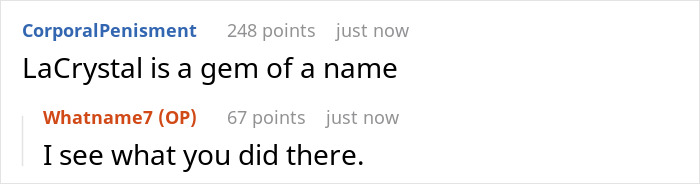 Screenshot of a Reddit comment thread where a user jokes about the name LaCrystal, with another user responding humorously.