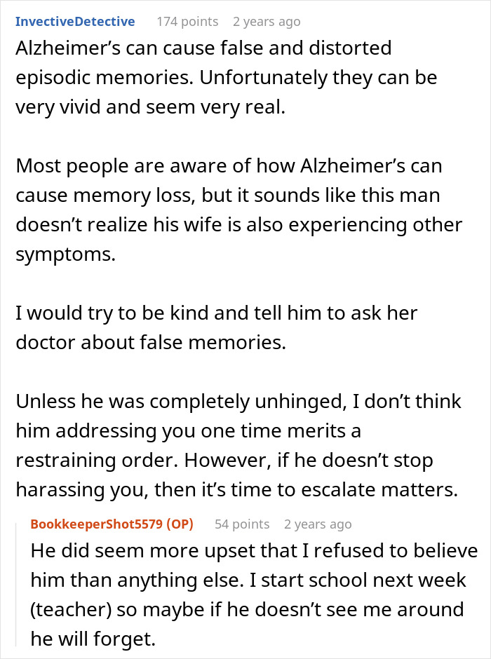 Text conversation discussing an elderly neighbor confronting a couple over suspected affair involving false memories and Alzheimer&rsquo;s.