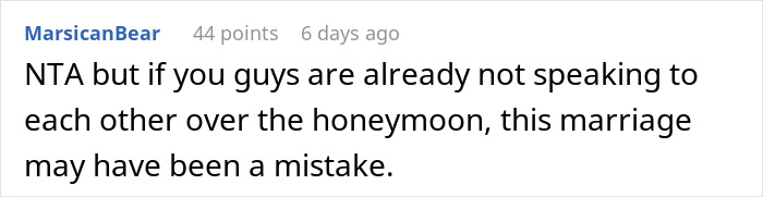 Comment discussing financial disagreement between husband and wife over honeymoon expenses, highlighting marriage challenges.