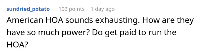 Screenshot of a Reddit comment discussing the power of an American HOA preying on siblings&rsquo; house with strict rules.