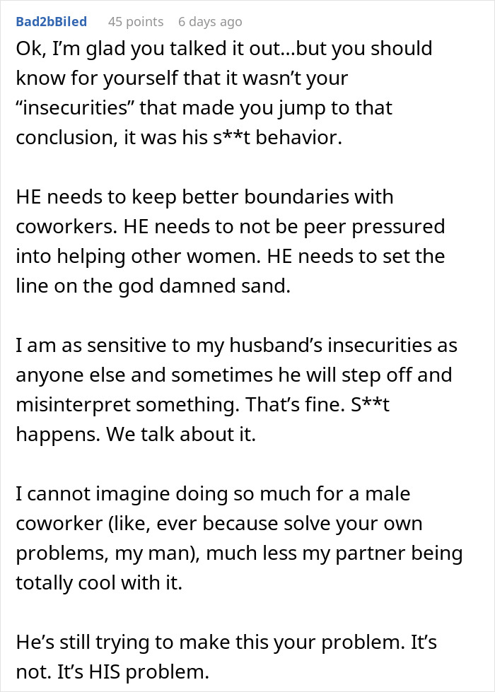 Comment discussing boundaries and suspicions about nannying coworker&rsquo;s children and husband&rsquo;s behavior concerns.